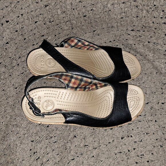 CROCS-A-Leigh Leather Open Toe Slingback Cork Wedge Sandals Black-SZ 8-Excellent - Picture 6 of 7
